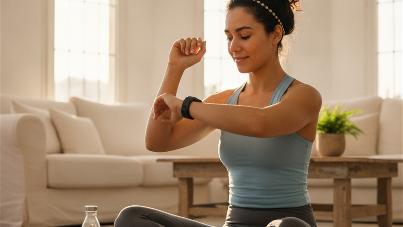 Mujer revisando su pulsera de actividad tras entrenar en casa