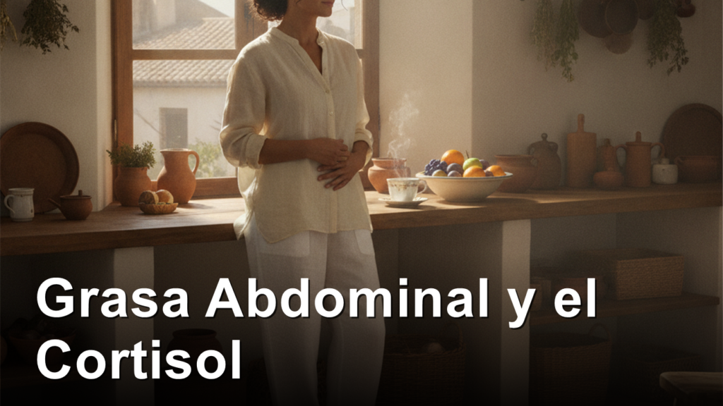 Mujer tocandose el abdomen en la cocina por la manana