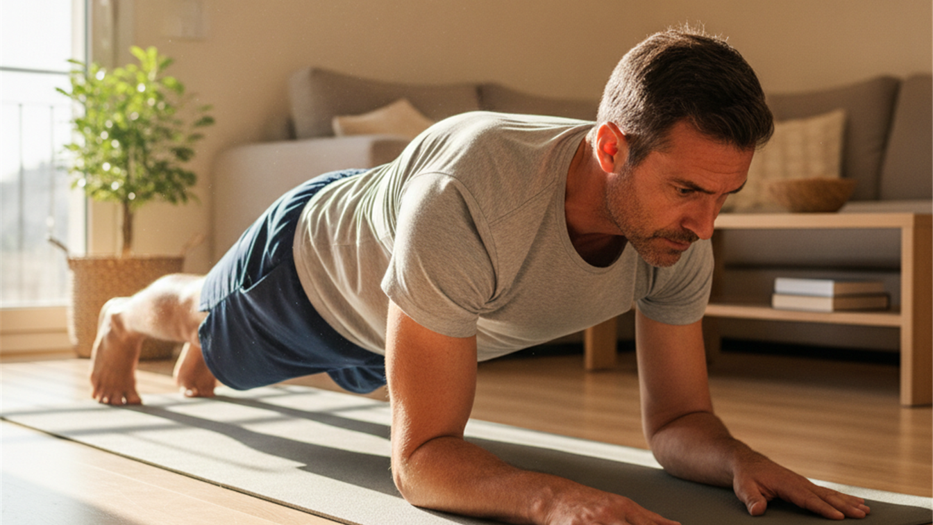 Hombre haciendo plancha abdominal en casa