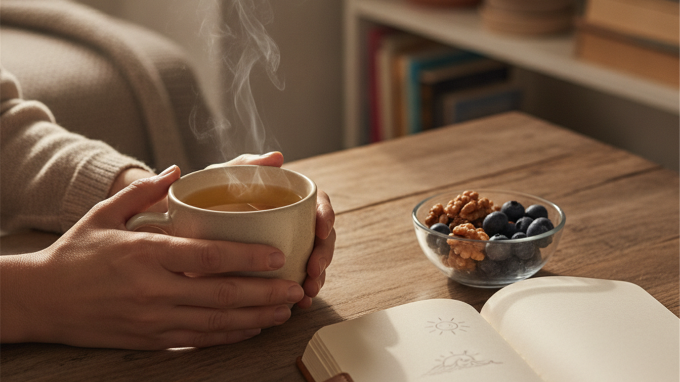Taza de te de manzanilla junto a nueces y arandanos