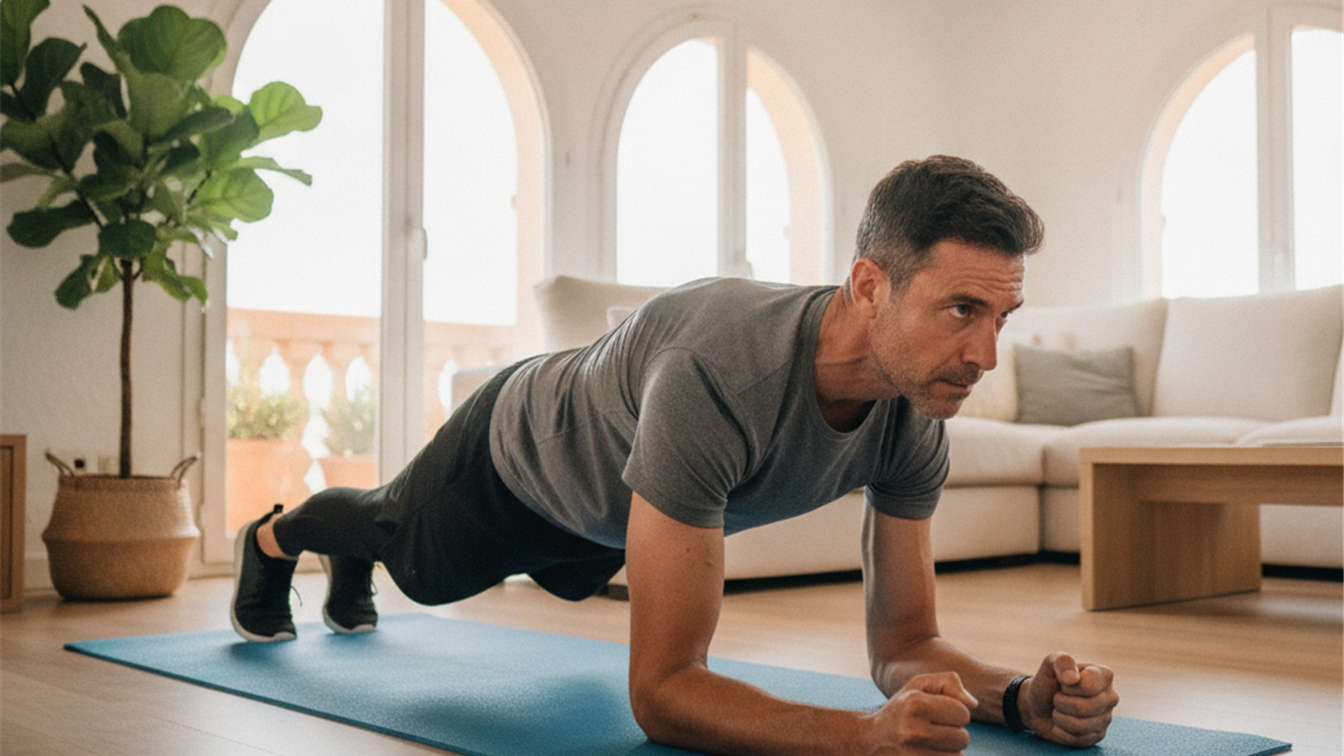 Hombre haciendo ejercicio abdominal en casa para perder grasa