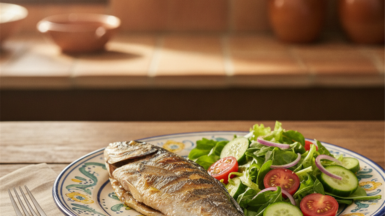 Plato mediterraneo saludable con pescado y verduras para adelgazar