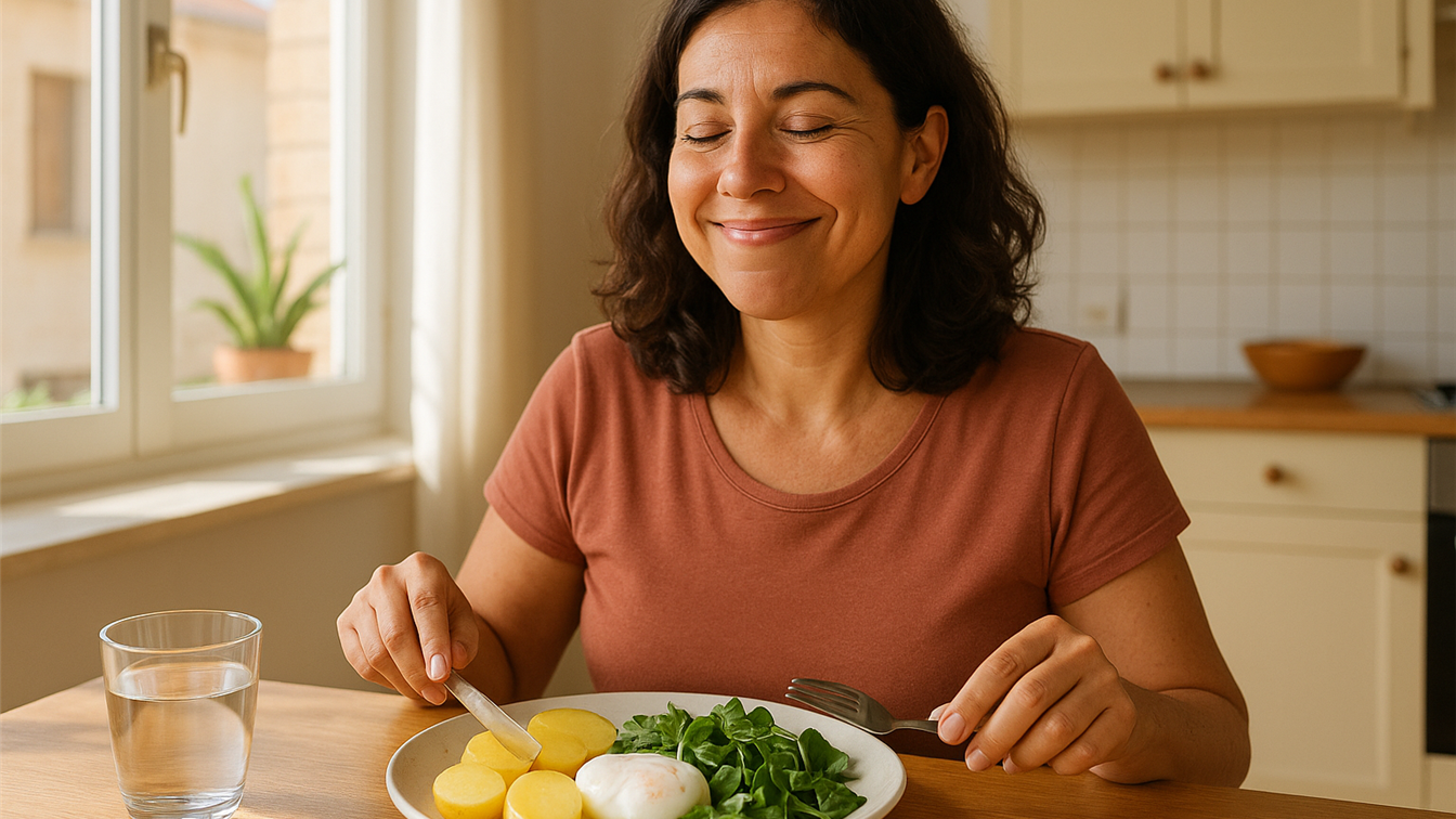 Mujer comiendo alimentos saciantes para adelgazar sin pasar hambre