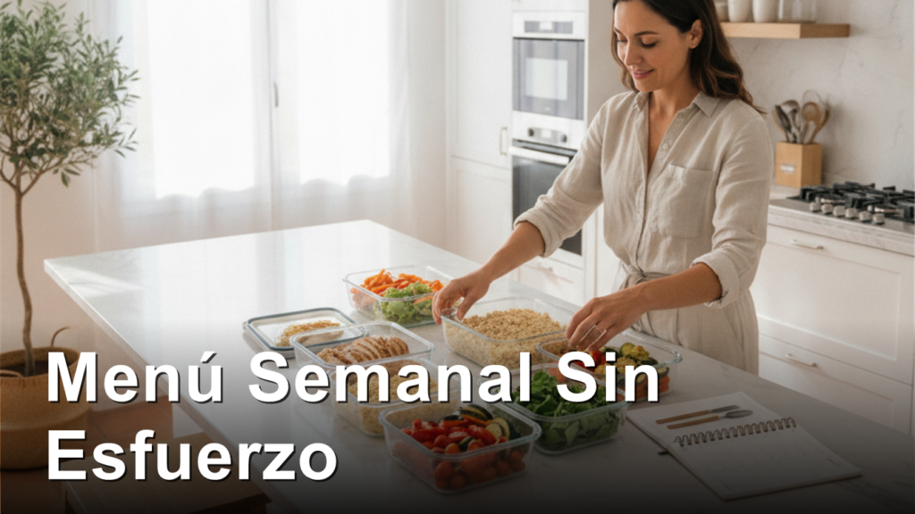 Menu semanal saludable organizado con batch cooking en recipientes de vidrio