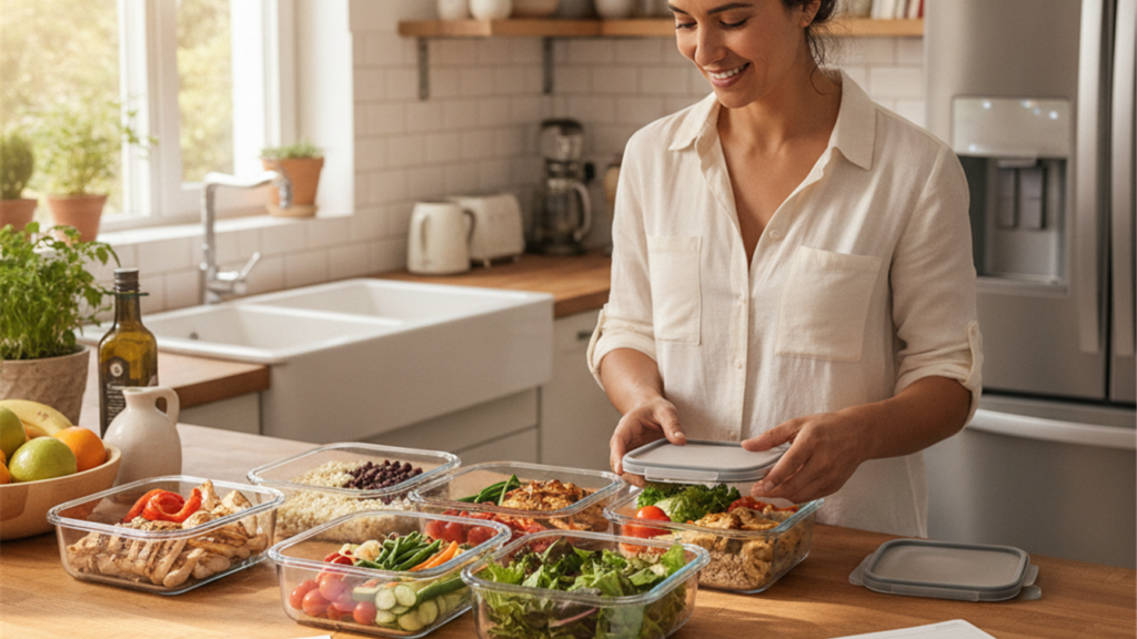 weekly meal prep containers healthy food kitchen