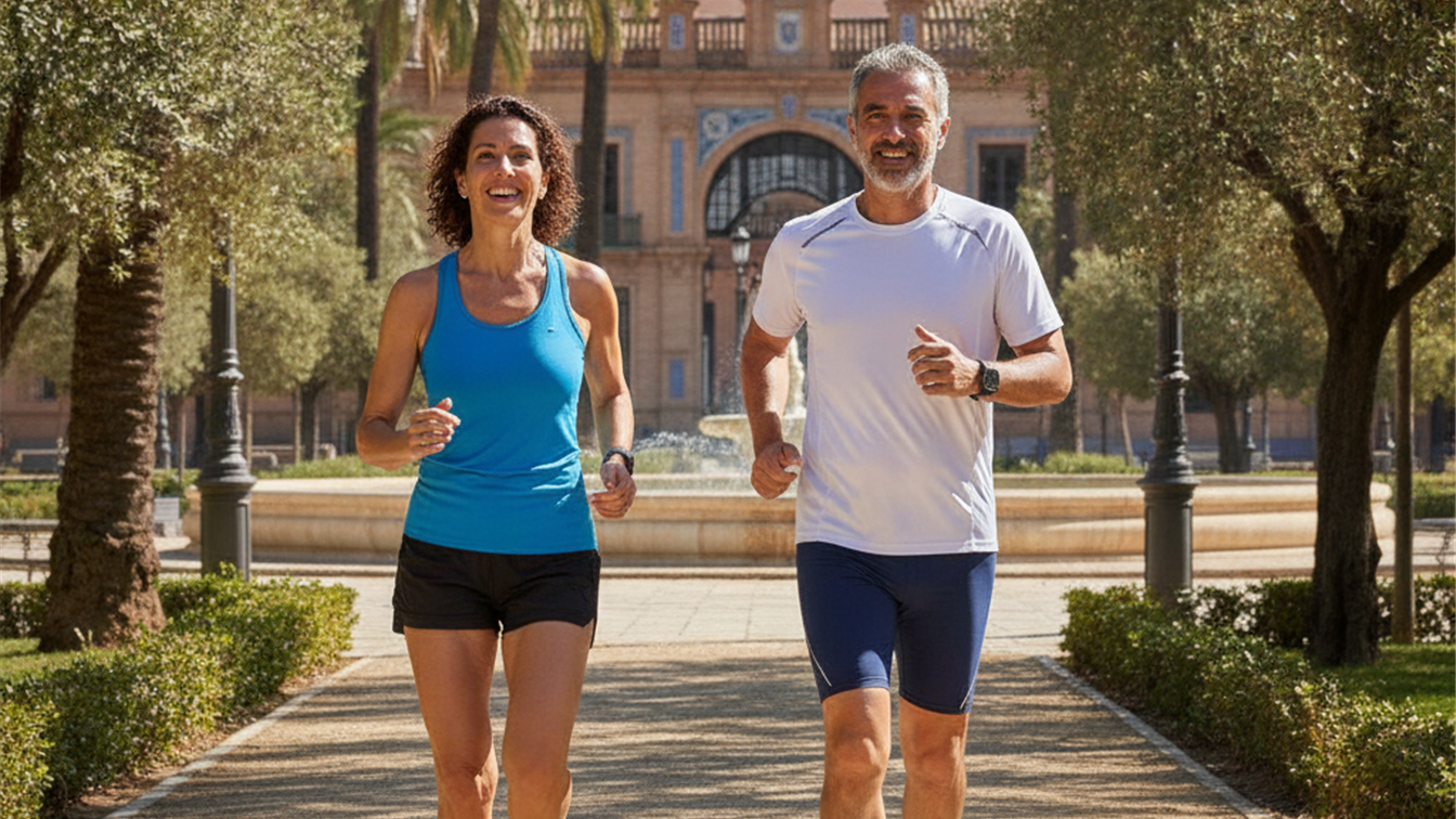 Pareja espanola corriendo en parque haciendo ejercicio