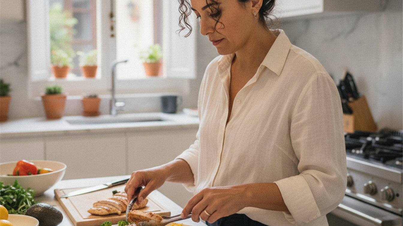 Mujer espanola preparando comida saludable en cocina