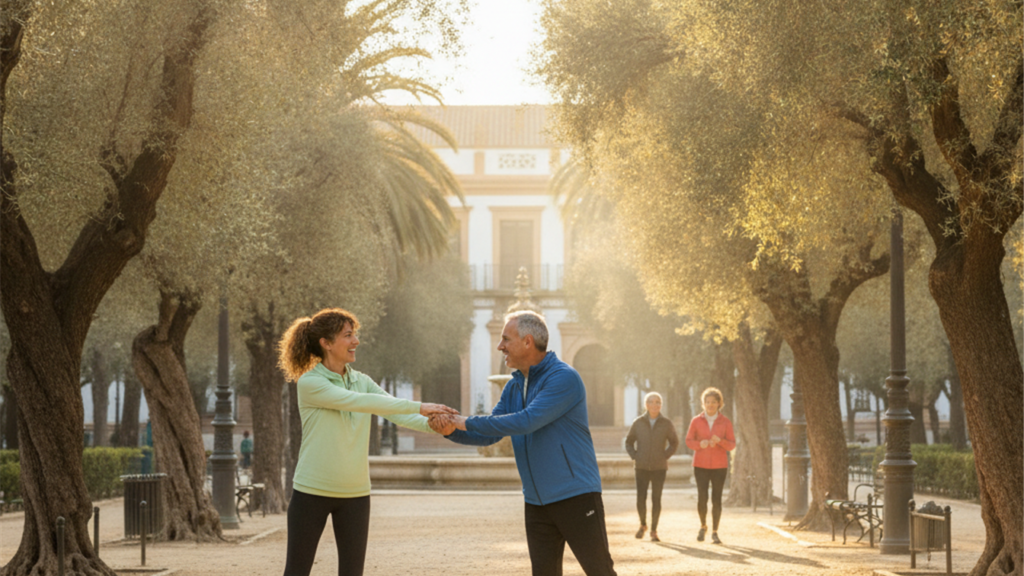 Pareja de mediana edad haciendo ejercicio en un parque de Espana