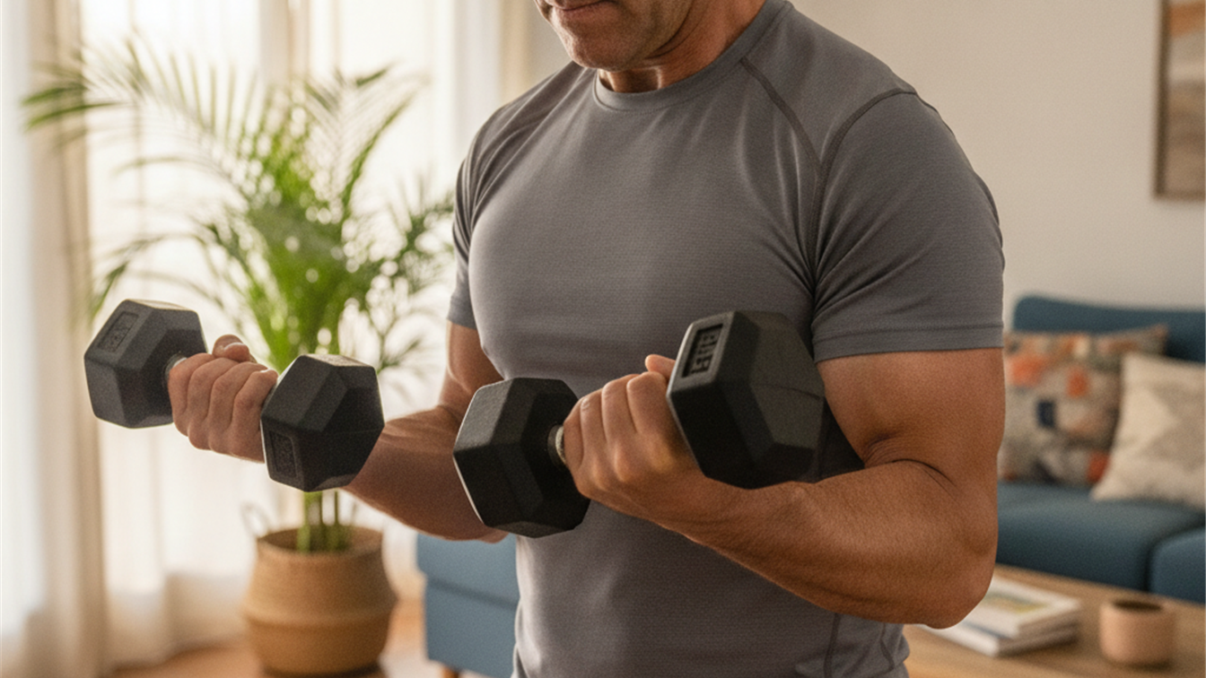 Hombre de 40 anos haciendo entrenamiento de fuerza con mancuernas