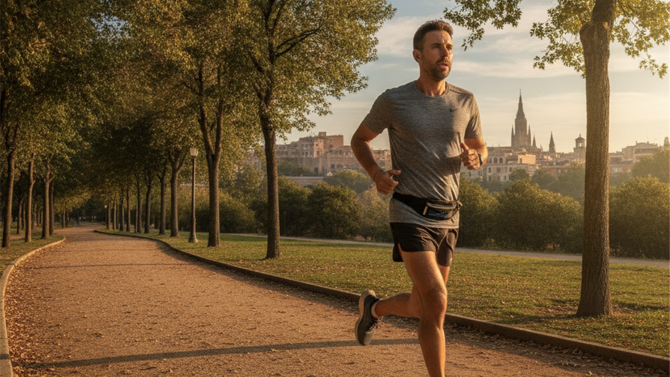 Hombre corriendo por un parque en Espana al amanecer