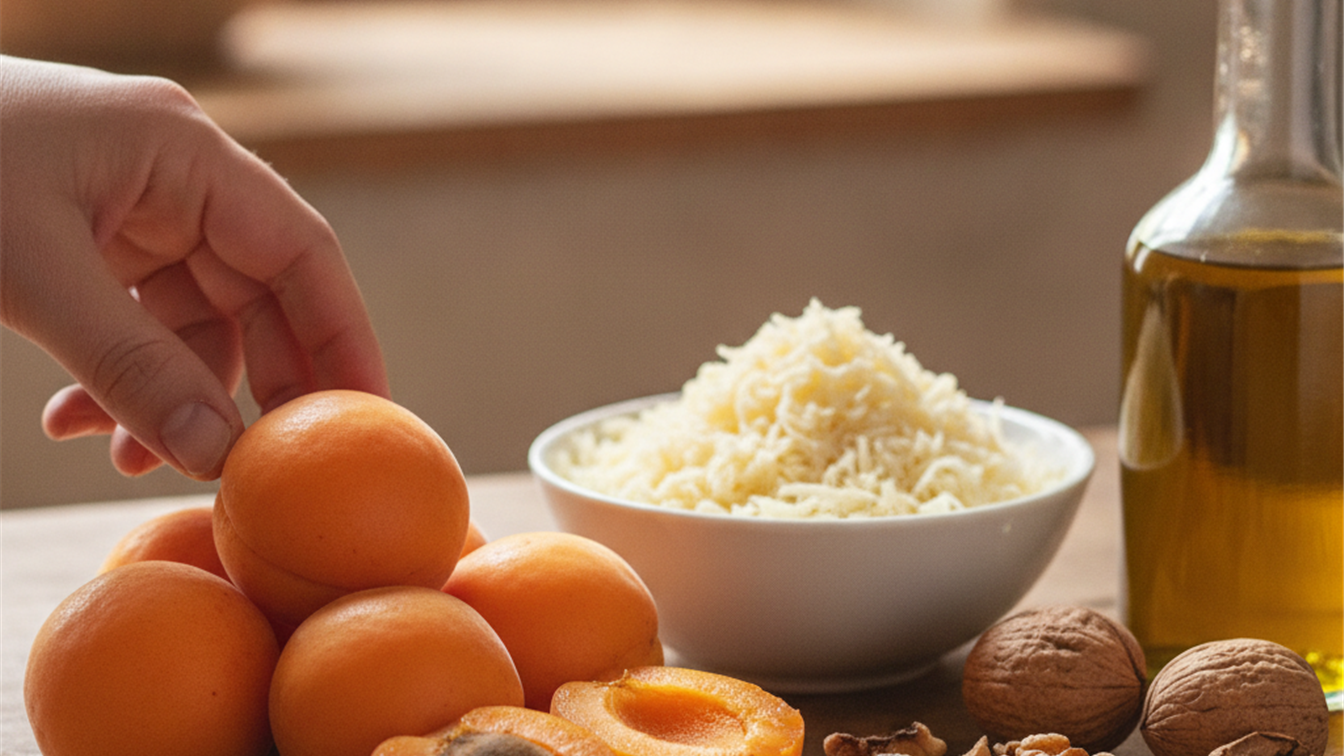 Albaricoques frescos junto a un bol de queso rallado y aceite de oliva