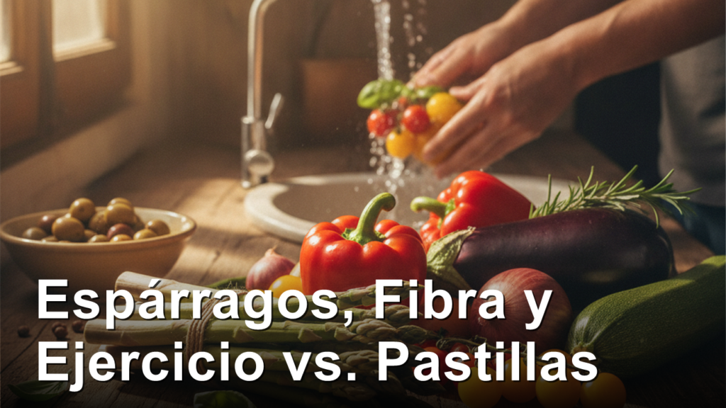 Esparragos y verduras frescas siendo lavadas en cocina