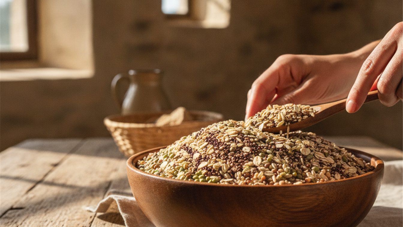 Cuenco de madera con cereales integrales, legumbres y arroz integral