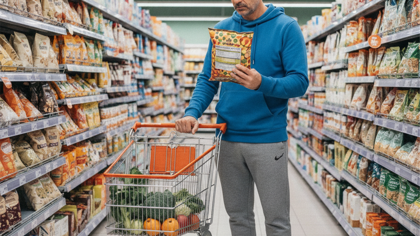 Hombre revisando etiqueta nutricional de un snack en el supermercado
