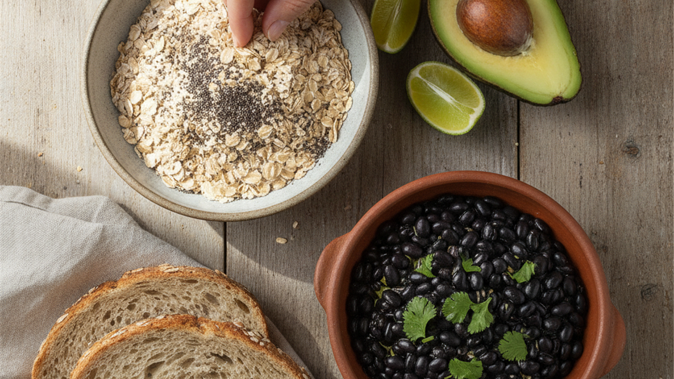Alimentos ricos en fibra sobre una mesa de madera: avena, chia, aguacate y legumbres