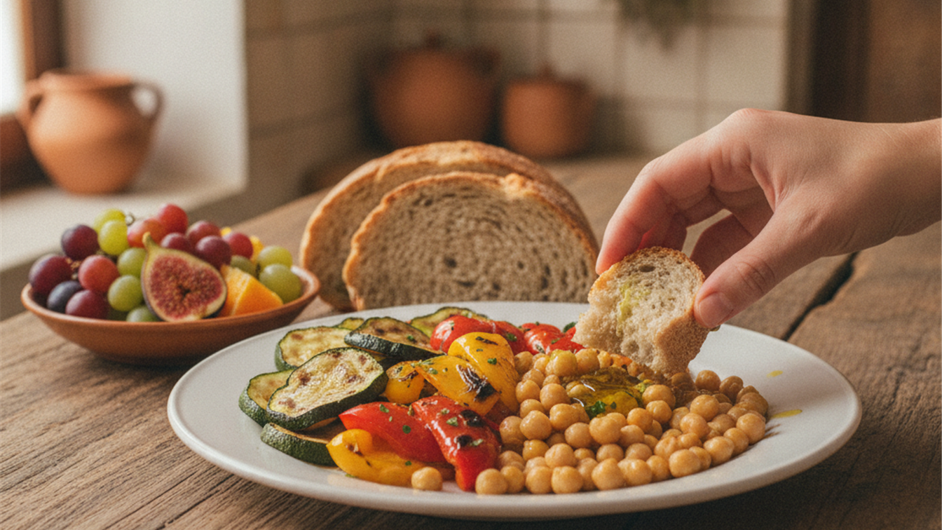 Plato de dieta mediterranea con verduras y legumbres