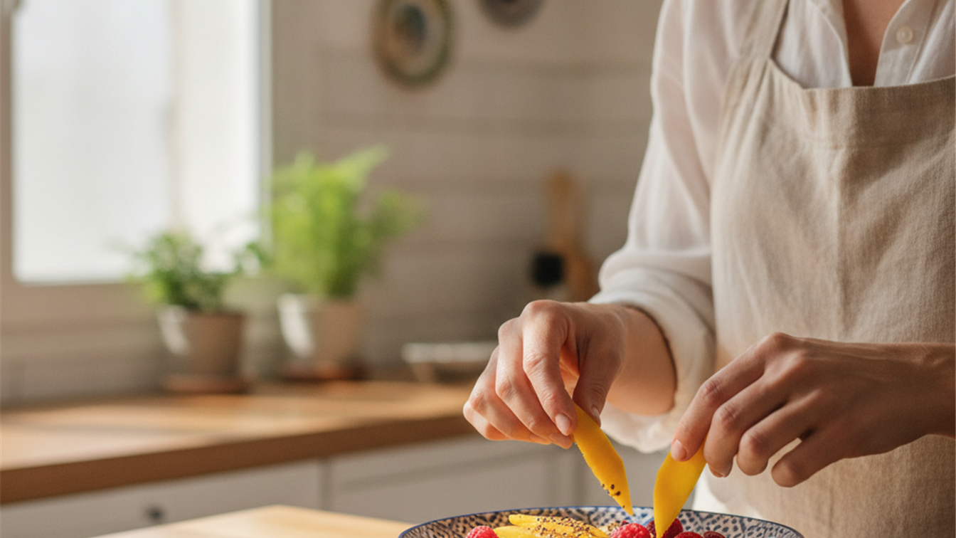 Preparacion de un desayuno saludable con mango fresco rico en fibra