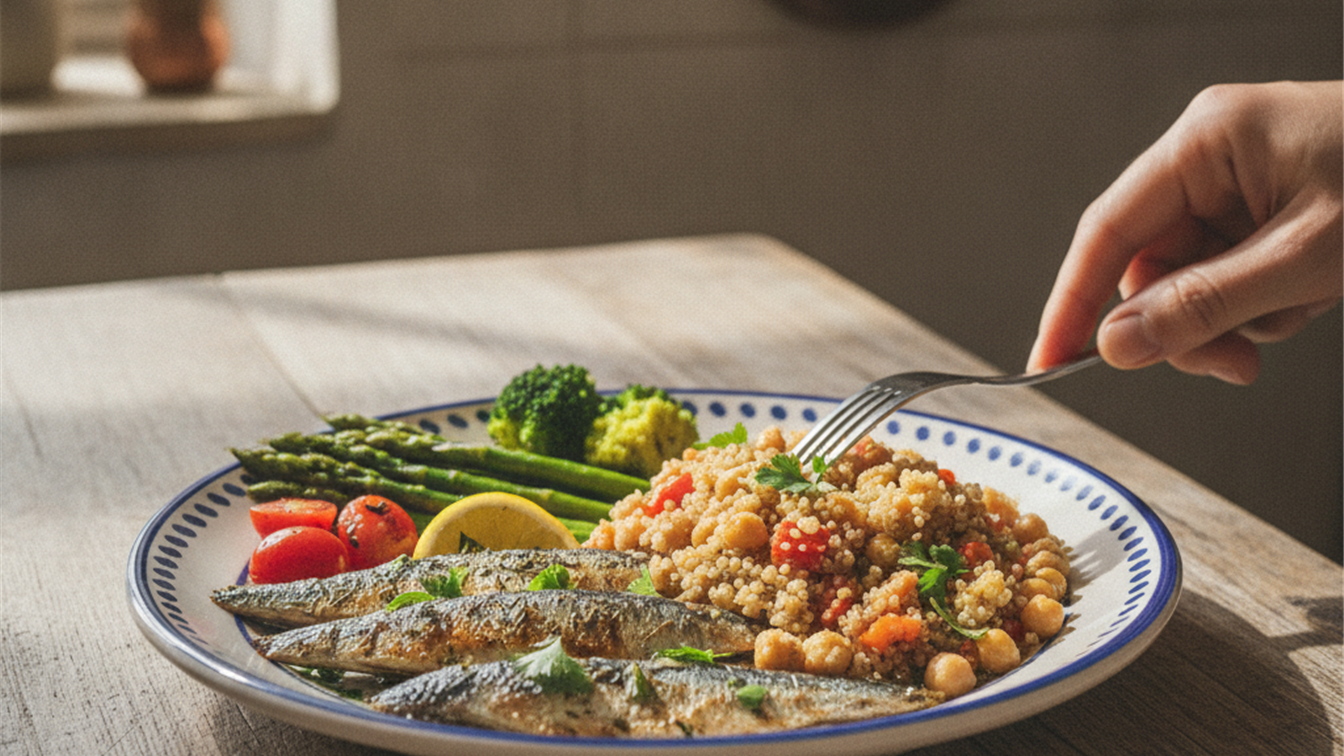 Plato mediterraneo saludable con sardinas y verduras