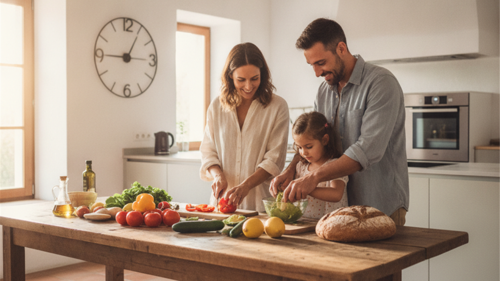 Familia preparando una comida saludable en la cocina con un reloj de pared