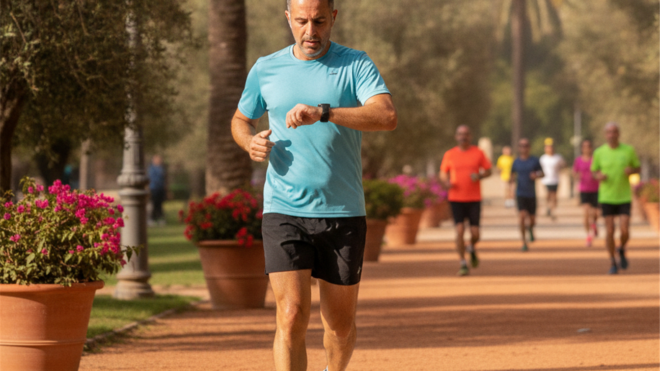 Hombre revisando su reloj inteligente mientras corre en un parque