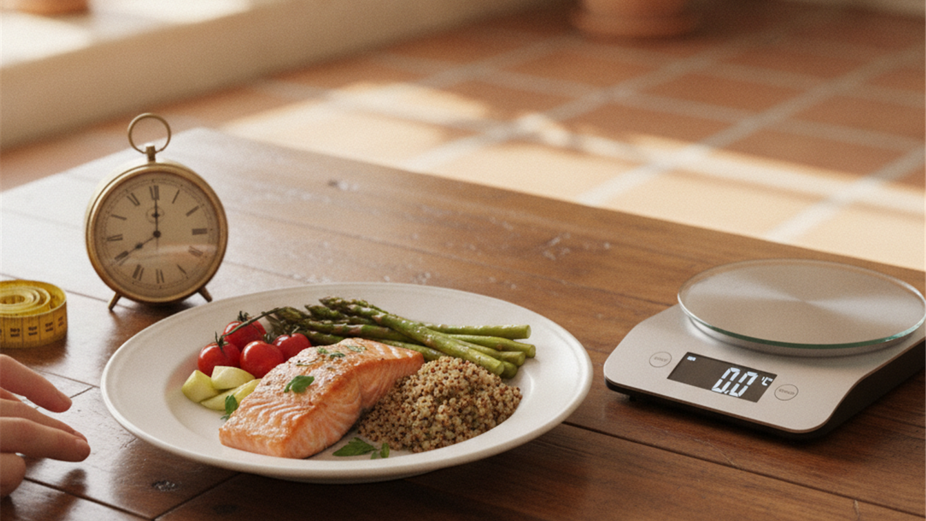 Plato de comida saludable junto a un reloj y una bascula de cocina