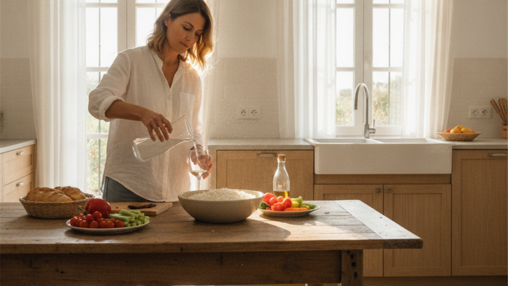 Mujer sirviendo agua junto a un bol de arroz y verduras frescas en la cocina