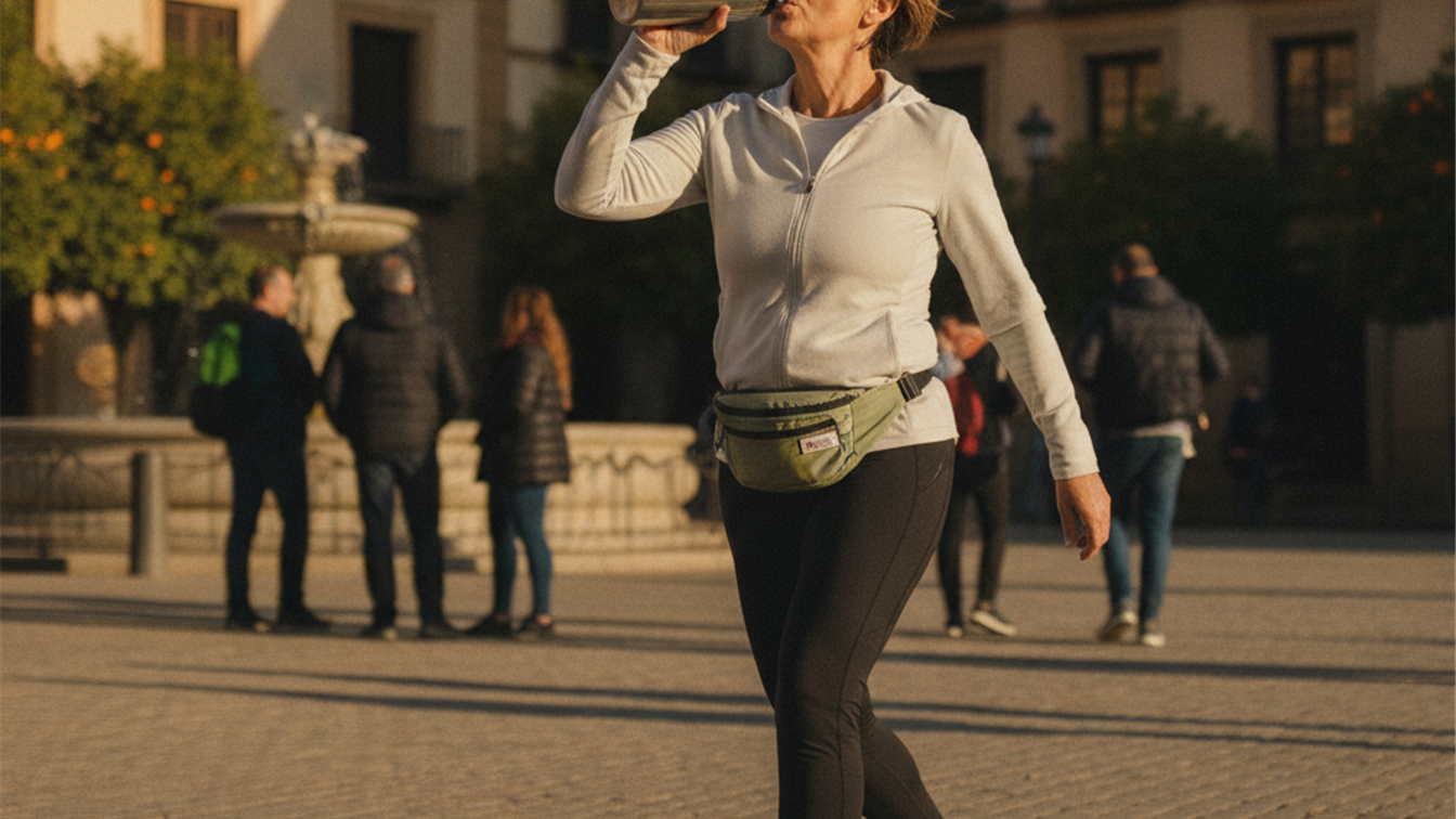 Mujer bebiendo agua de una botella reutilizable mientras camina por una plaza