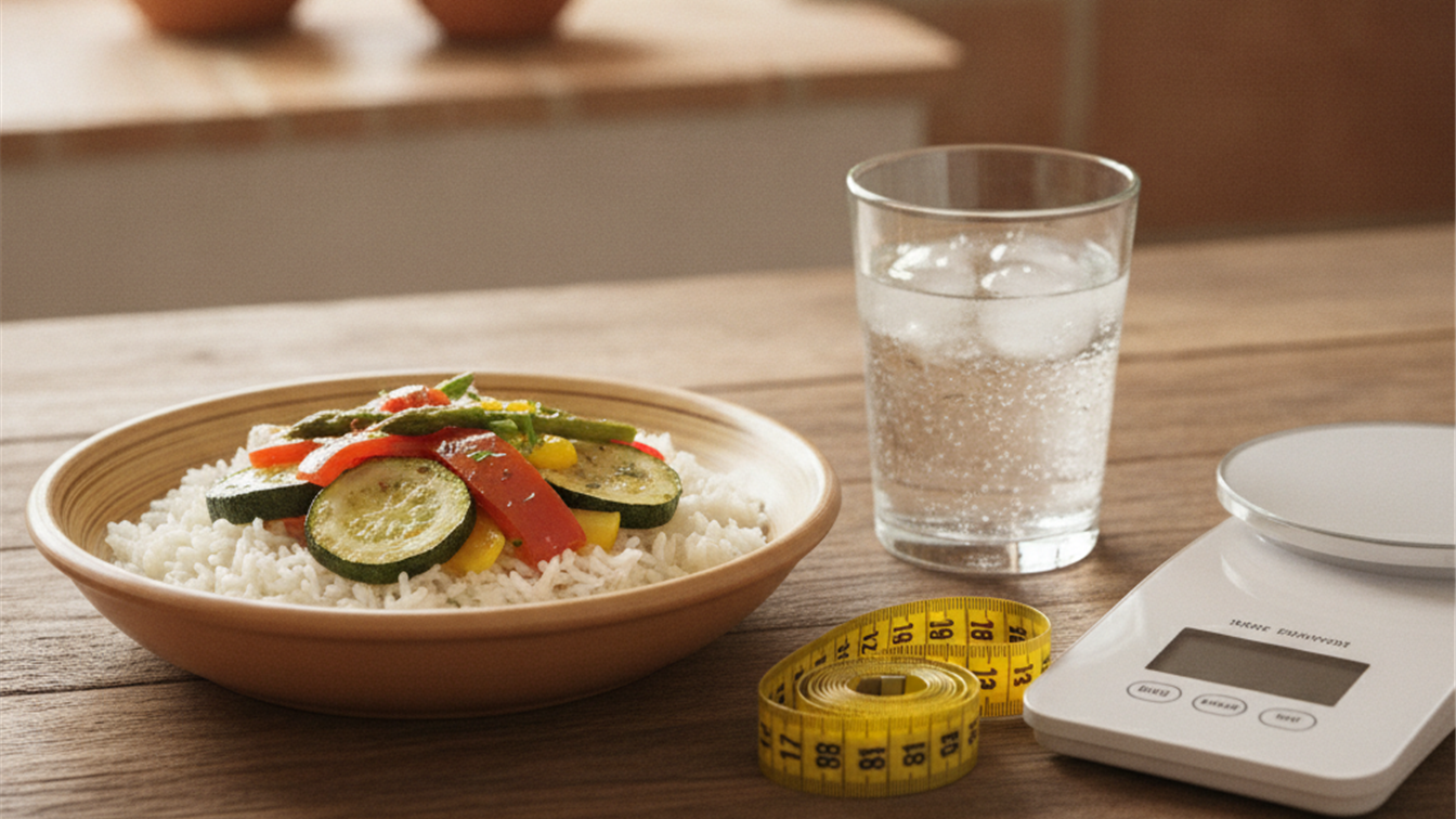 Plato de arroz con verduras junto a un vaso de agua y una cinta metrica