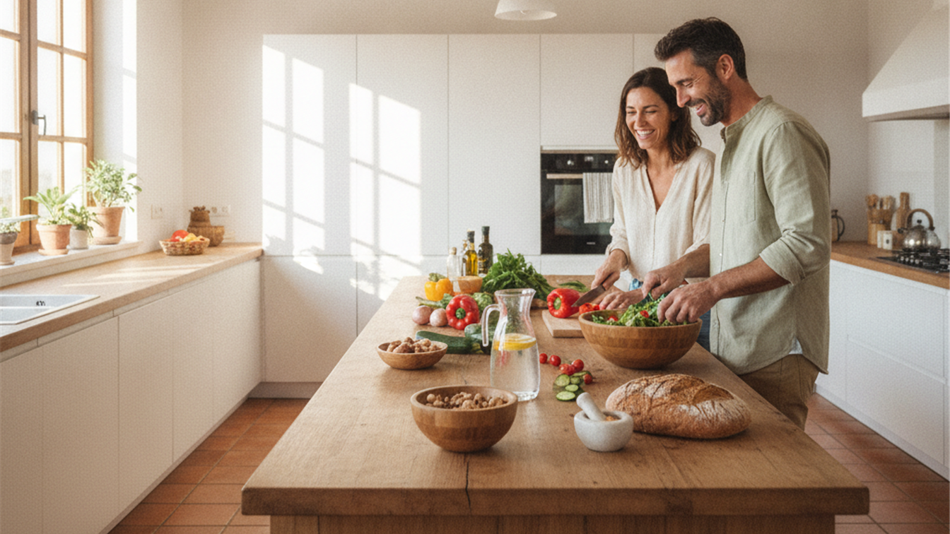 Pareja preparando una comida saludable con frutos secos, verduras y pan en la cocina