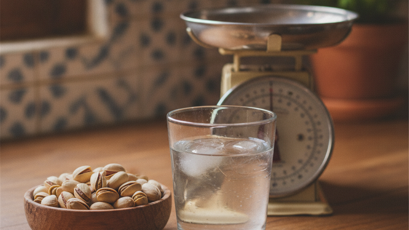 Cuenco de pistachos junto a un vaso de agua y una bascula de cocina
