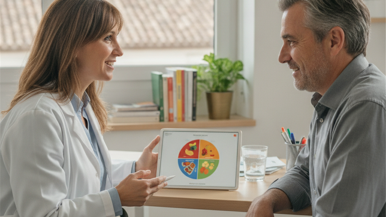 Nutricionista explicando un plato de alimentacion saludable a un paciente en una consulta