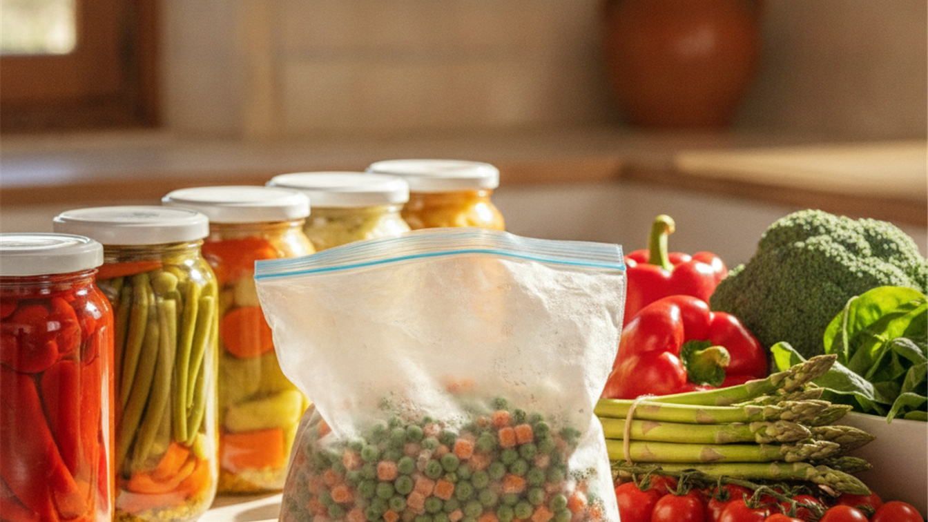 Detalle de verduras en conserva, congeladas y frescas sobre una encimera de cocina