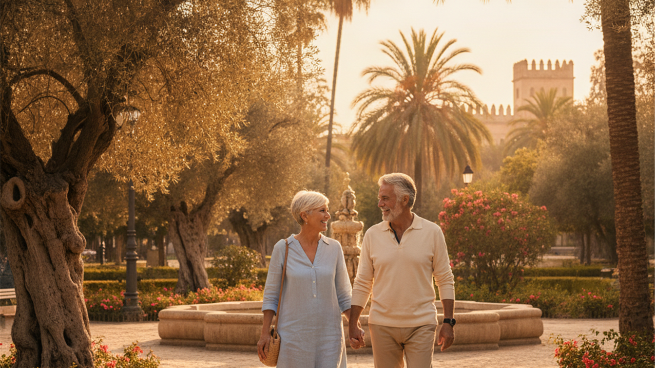 Pareja mayor activa dando un paseo ligero al atardecer en un parque de España