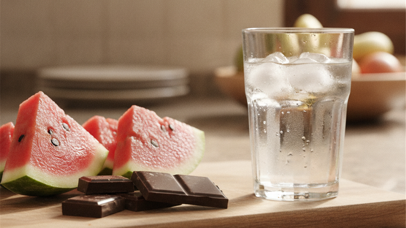 Detalle de chocolate negro, sandia y un vaso de agua con hielo sobre una encimera de cocina