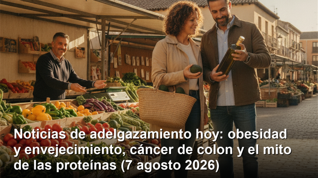 Pareja comprando aguacates y aceite de oliva en un mercado al aire libre en España