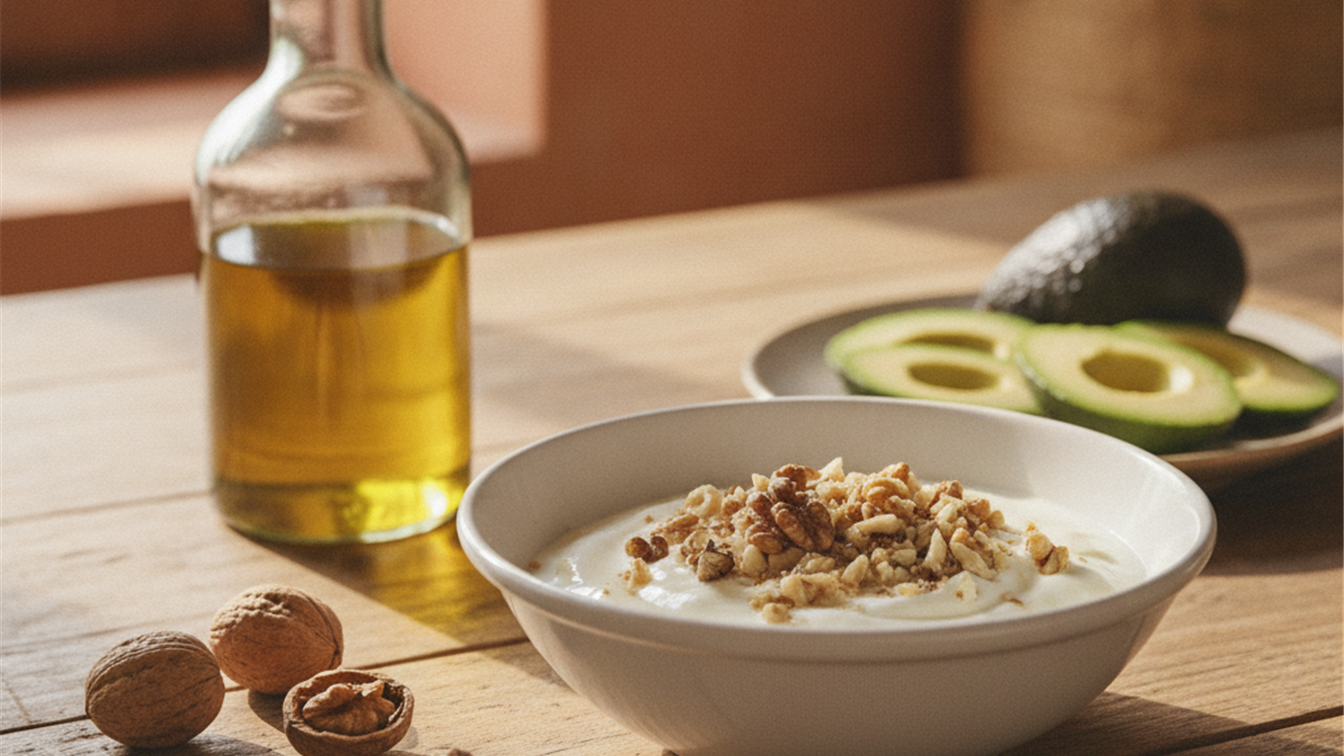 Detalle de aguacate, aceite de oliva, yogur griego y nueces sobre una mesa de madera