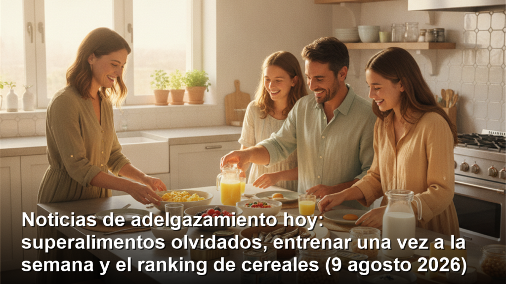 Familia preparando un desayuno saludable con huevos, avena, conservas y lacteos en una cocina moderna