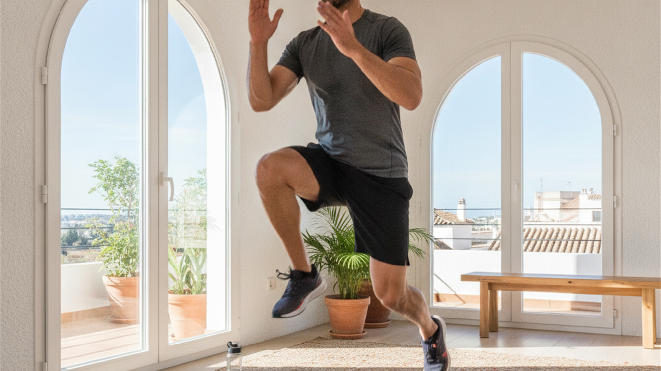 Hombre haciendo un entrenamiento HIIT en casa en un salon luminoso