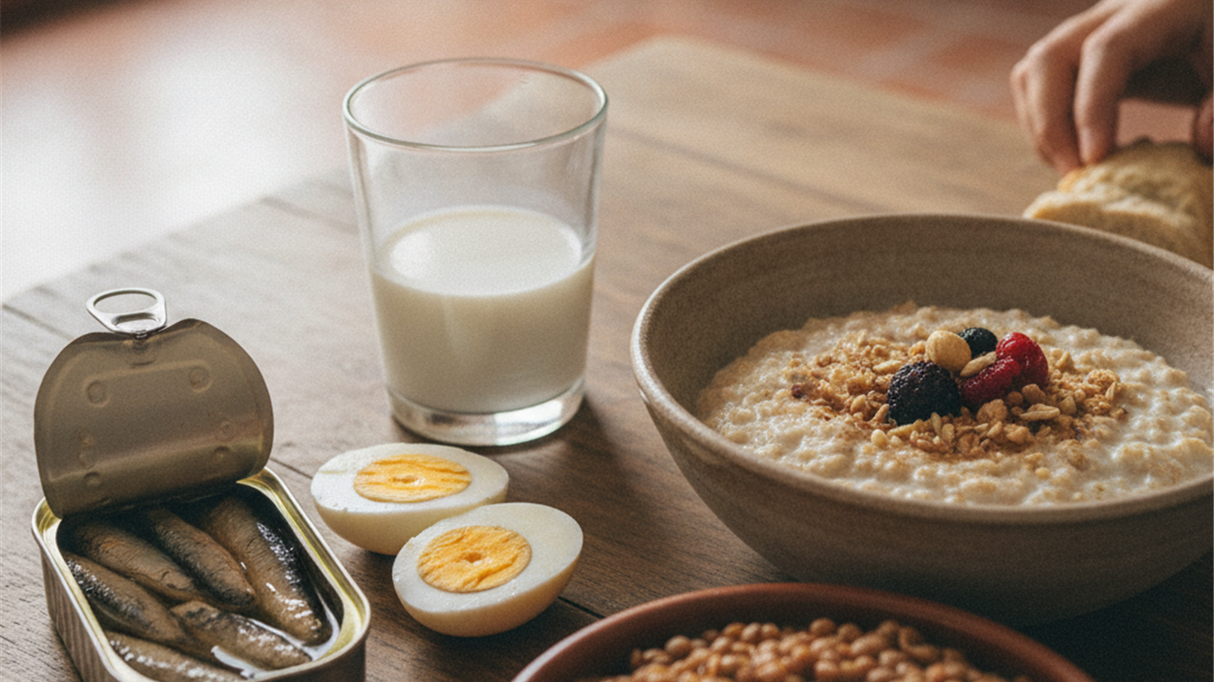 Detalle de avena, huevos cocidos, lata de sardinas, leche y lentejas sobre una mesa de madera