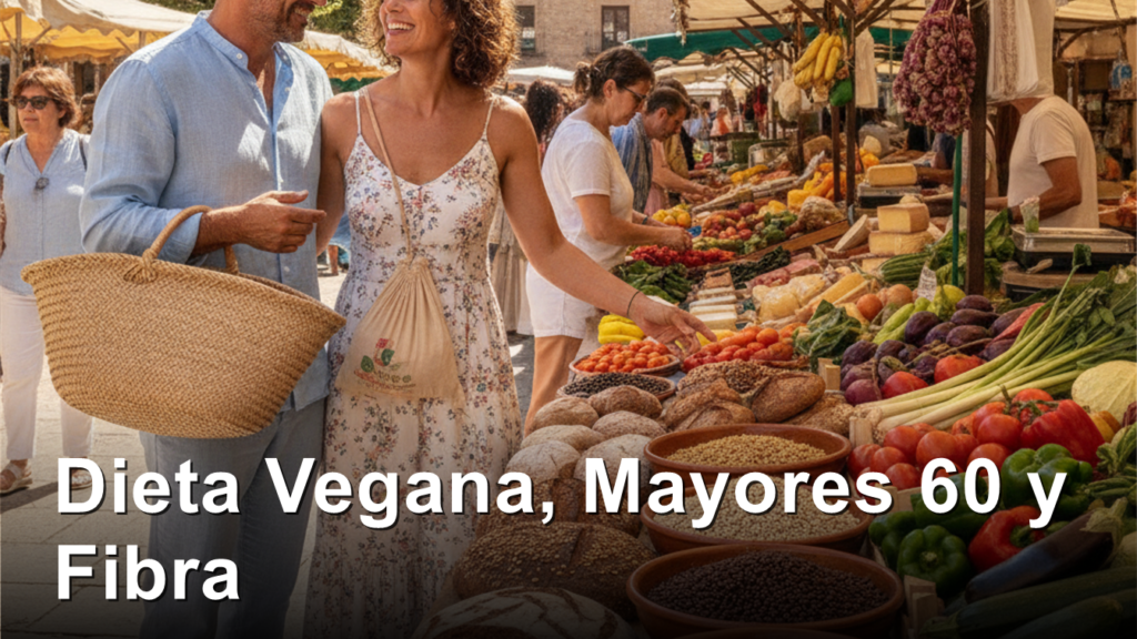 Pareja eligiendo pan integral, legumbres y verduras frescas en un mercado al aire libre en Espana