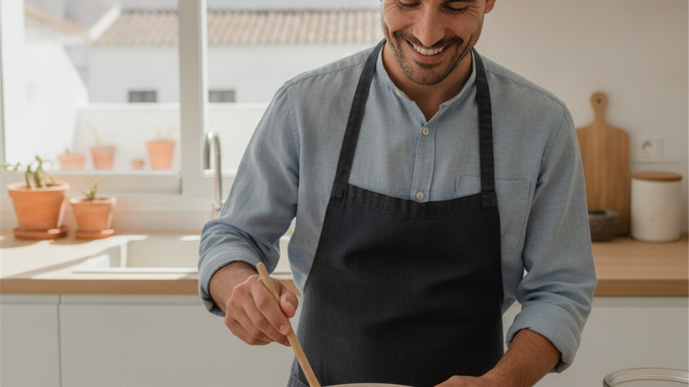 Hombre preparando un bol de avena con lentejas y fruta fresca en una cocina moderna