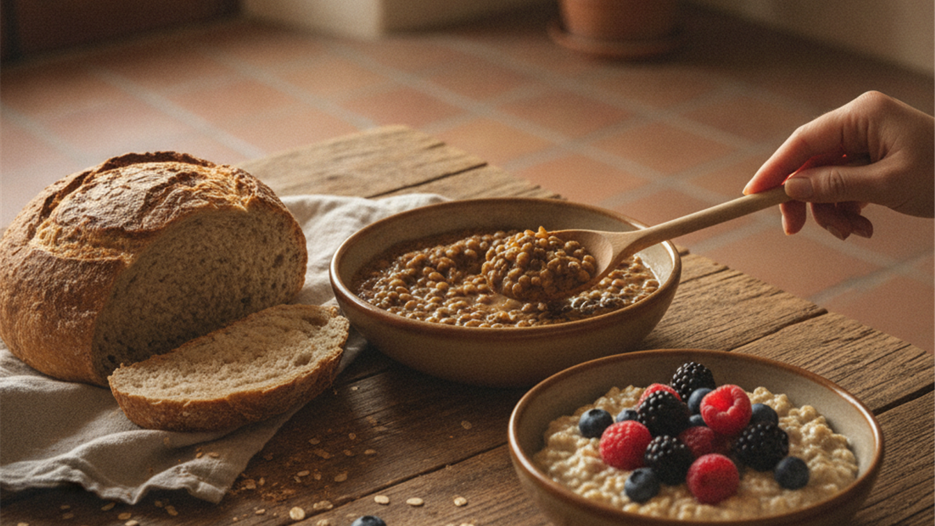Detalle de pan integral, un bol de lentejas cocidas, avena y frutos rojos sobre una mesa de madera