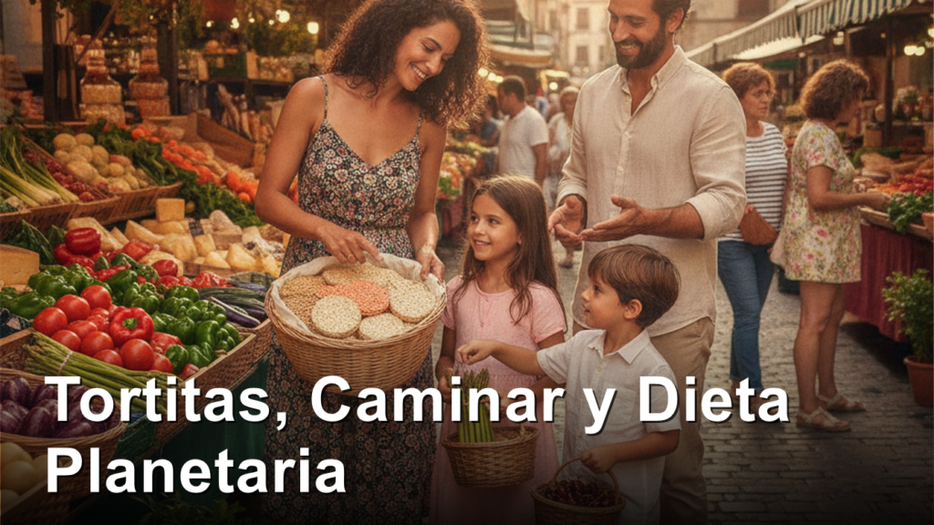 Familia eligiendo legumbres, tortitas integrales y verduras frescas en un mercado al aire libre en Espana