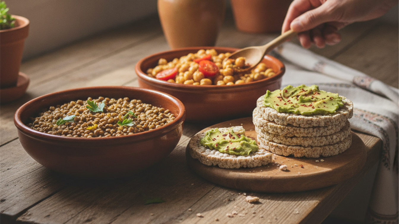 Detalle de boles de lentejas y garbanzos cocidos junto a tortitas integrales con hummus sobre una mesa de madera