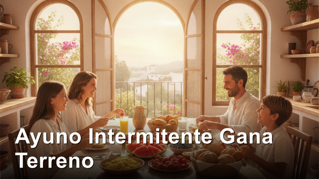Familia desayunando de forma saludable en una cocina luminosa en Espana