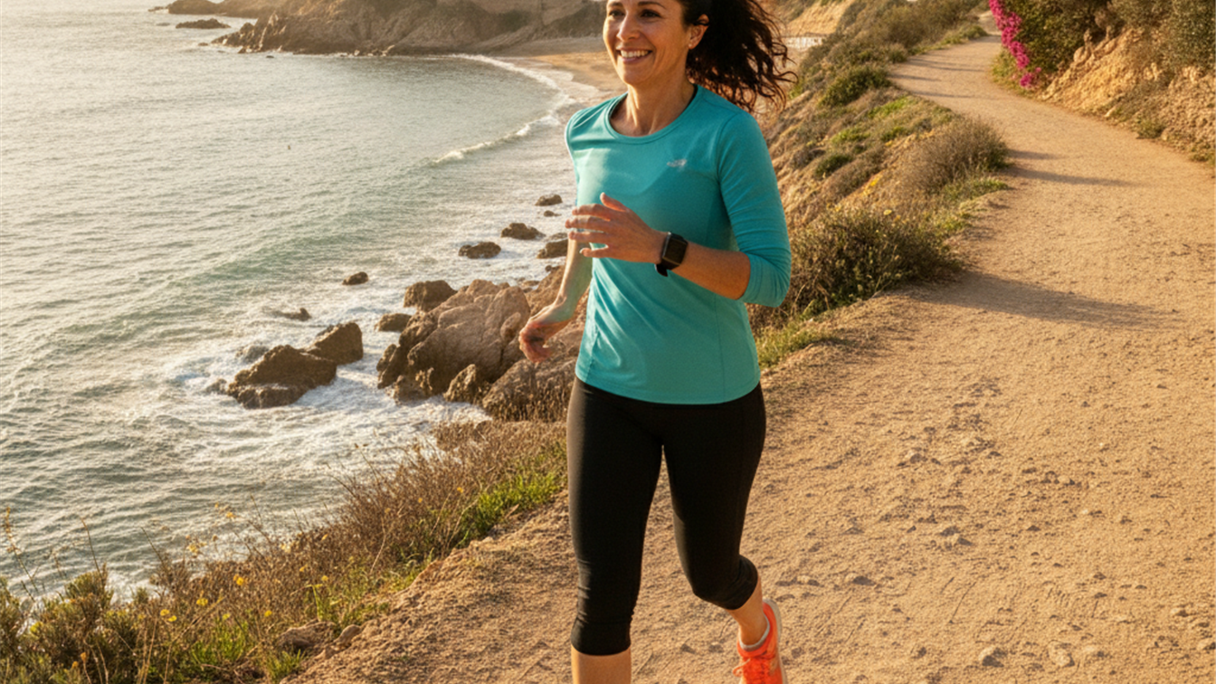 Mujer corriendo por un camino costero en Espana al amanecer