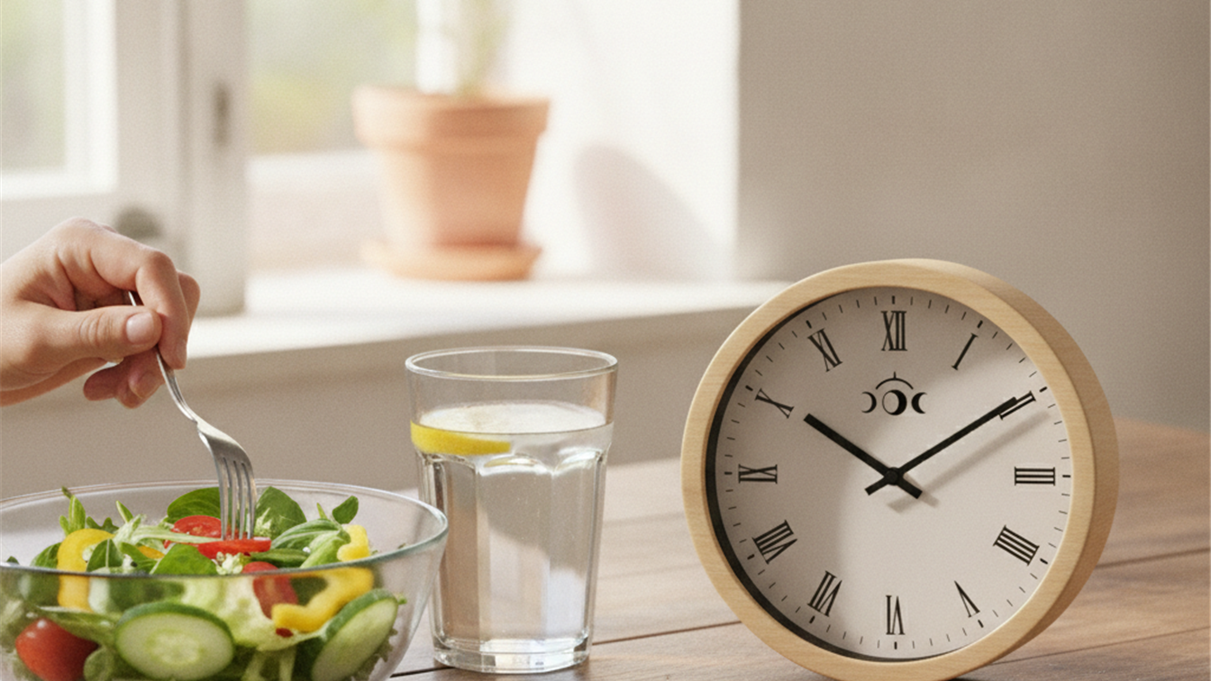 Detalle de un reloj de cocina junto a una ensalada fresca sobre una mesa de madera