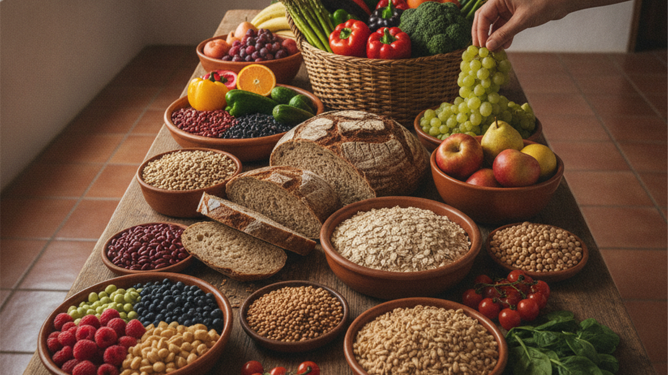 Mesa con alimentos ricos en fibra como legumbres cereales integrales y verduras