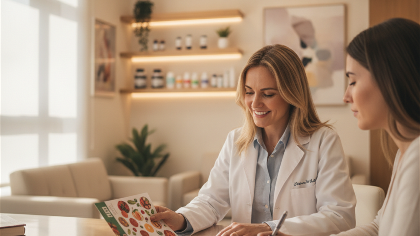 Nutricionista y paciente revisando plan de alimentacion saludable
