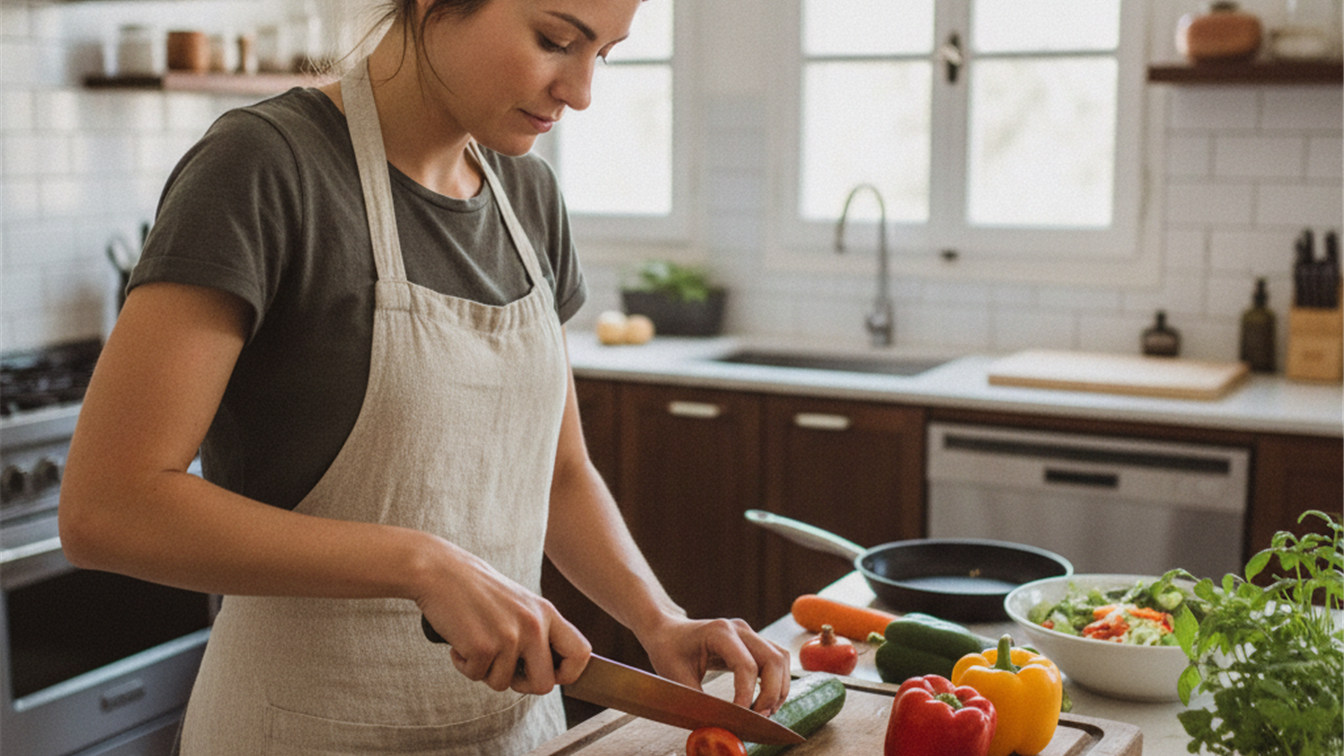 Mujer cortando verduras frescas para preparar una receta rapida y saludable